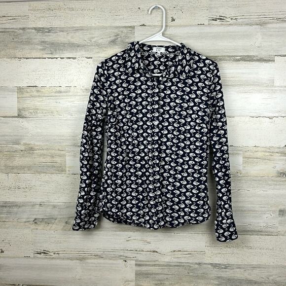 Crown & Ivy Womens small navy blue swan long sleeve button up blouse top - Picture 1 of 7